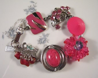 Vintage Earring Bracelet, Bridesmaid Gift, Upcycled Vintage Earring, Reclaimed, Cluster Earring, Hot Pink, Fuchsia, Under 40 - Pink Flamingo