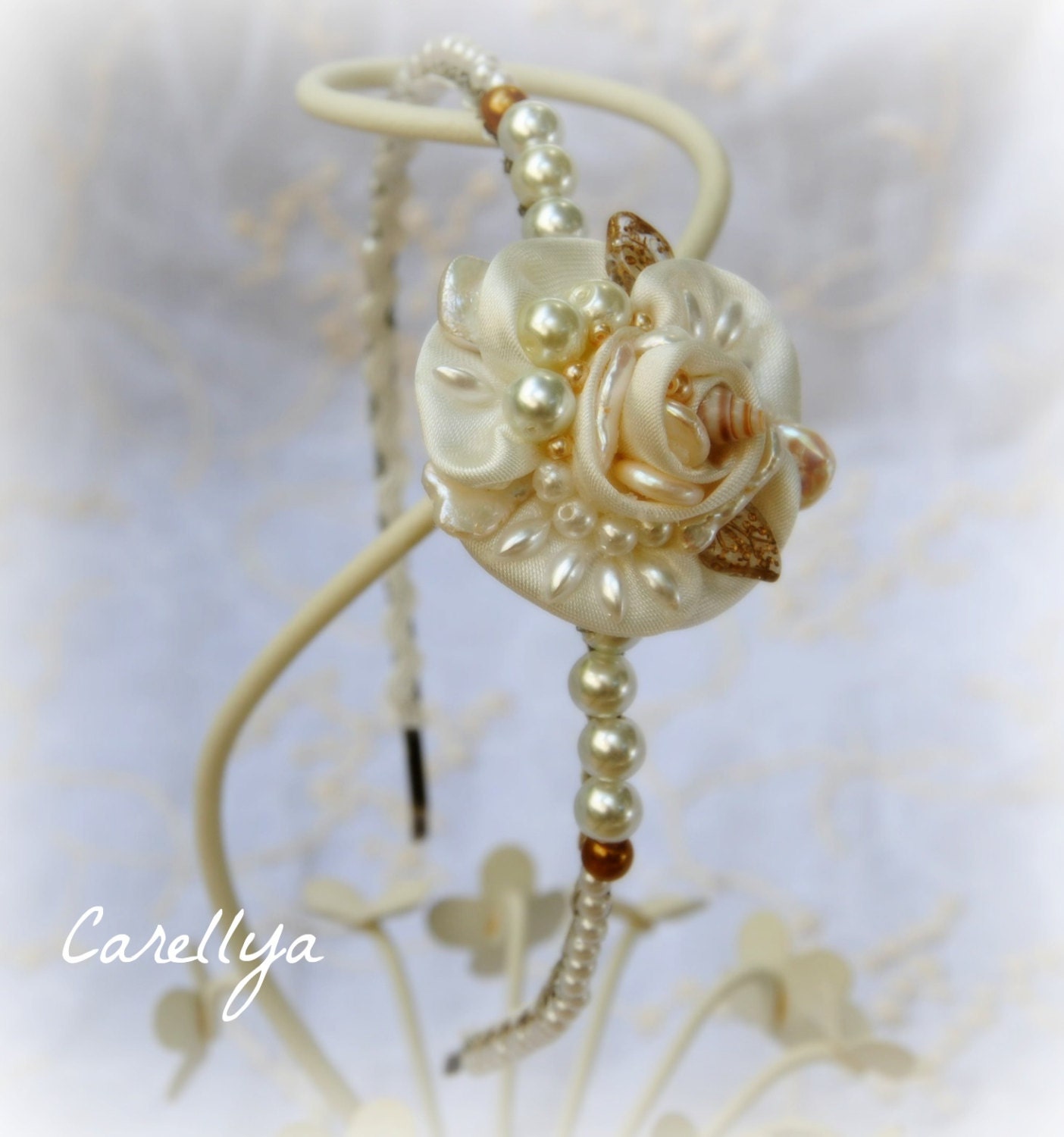Wedding Headband Pearls With Satin Flower, Bridal Hair Accessories, Beach Wedding