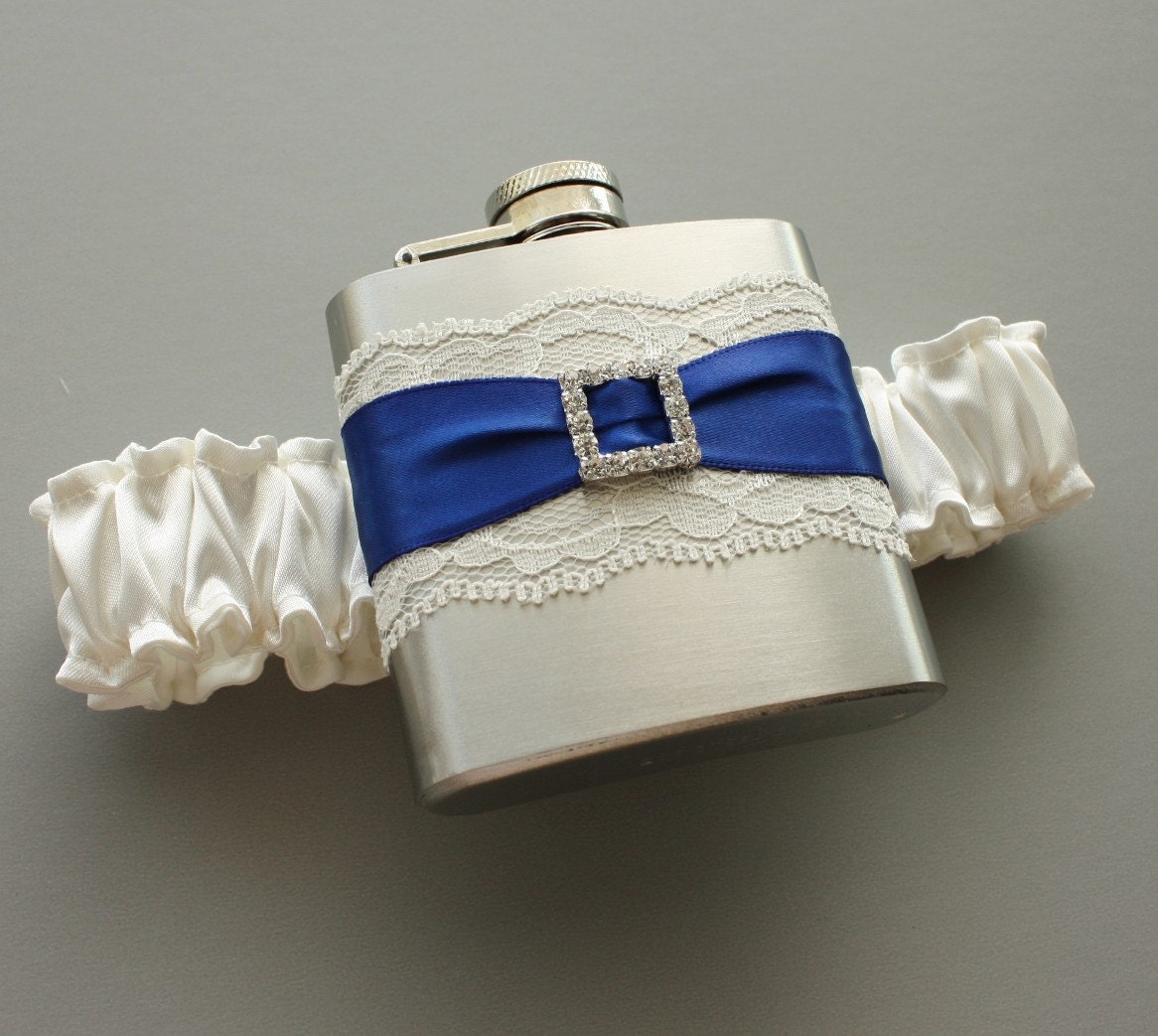 Ivory & Royal Blue FLASK GARTER -- Something Royal Blue for Bride -- Ready to Ship