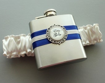 Personalized FLASK GARTER -  Ivory and Royal Blue (Other Colors Available)