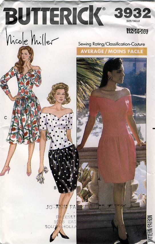 Butterick 3932 by Nicole Miller Vintage 80s Misses' Dress Sewing Pattern - Uncut - Size 12, 14, 16 - Bust 34, 36, 38