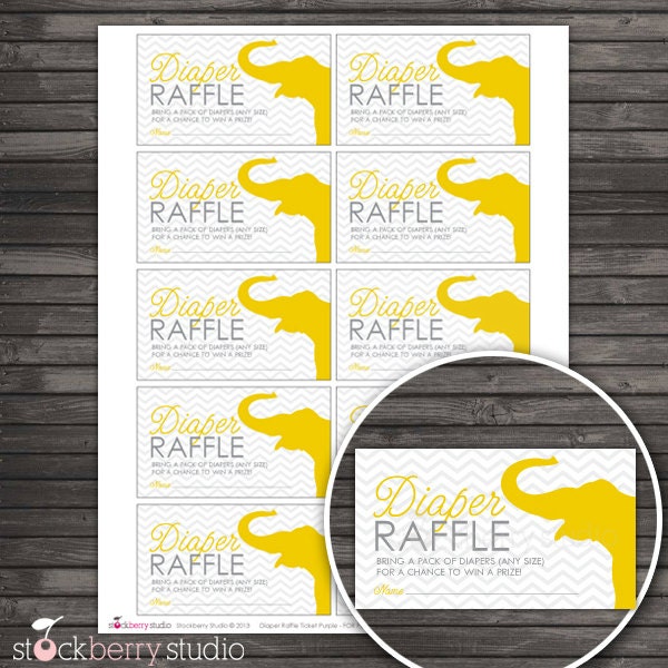 Yellow and Gray Chevron Elephant Baby Shower Diaper Raffle Tickets - Instant Download Il_570xn