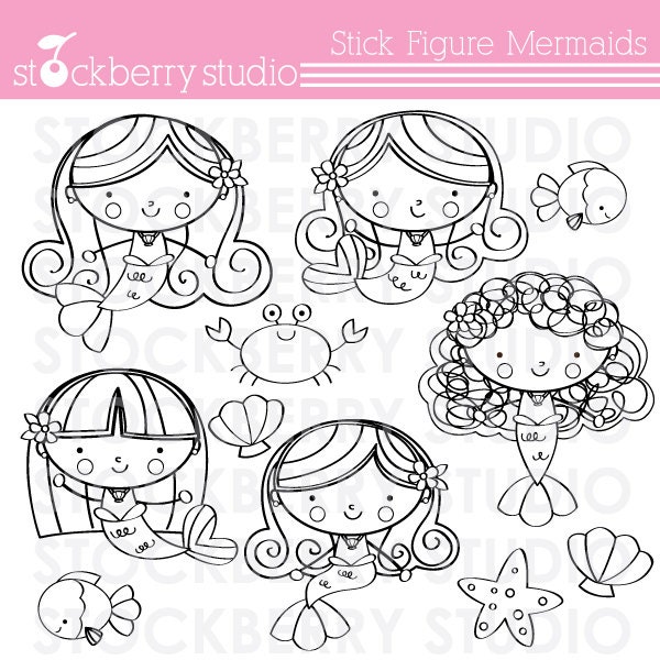 Stick Figure Mermaid Digital Stamp Personal and Commerical Use Clipart Set Il_570xn