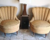 Beautiful Pair of Pale Yellow Upholstered Lounge Chairs - Mid Century Modern - Art Deco - Shell Back Design - Channel Back