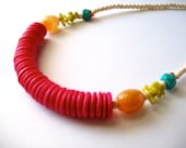 Tribal Style Resort Statement Necklace Wood, Orange Agate, Chartreuse Coral, and Turquoise - La Barbade Collection -  No. 5
