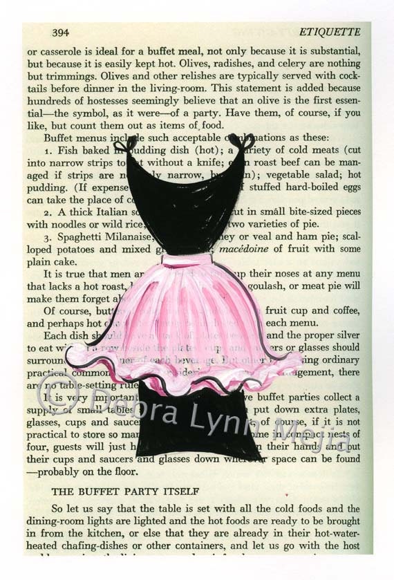 Lana dress and apron original illustration on printed etiquette page