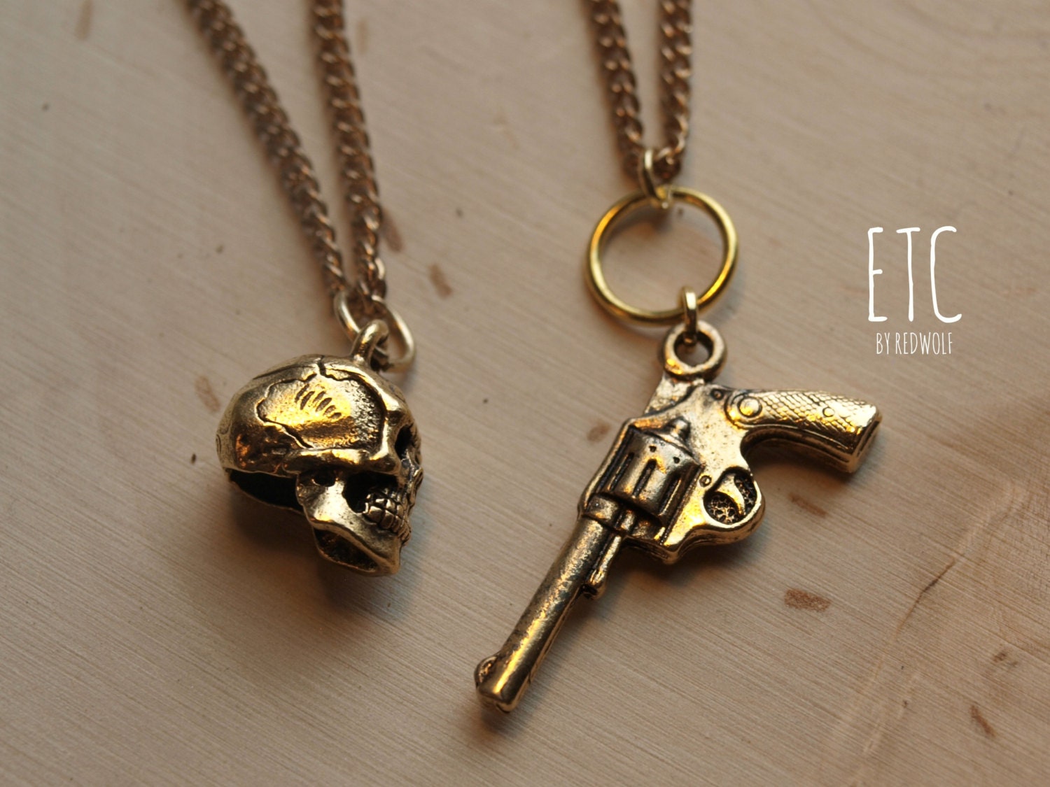 Gold Pistol and Skull Necklaces (Pair)