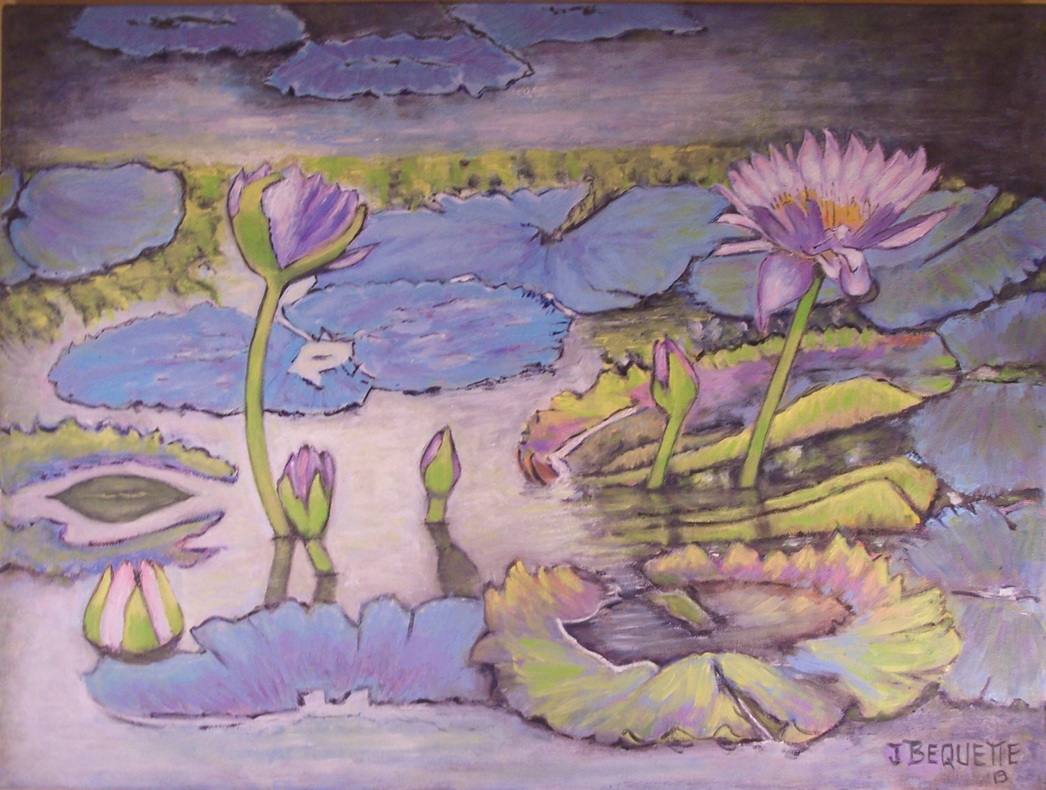 Original Oil Painting 18"x24", Water Lily Lineage, Purple, White, Pink, Blue, Green, Yellow, Pond of Flowers, Floral Landscape Gift Idea