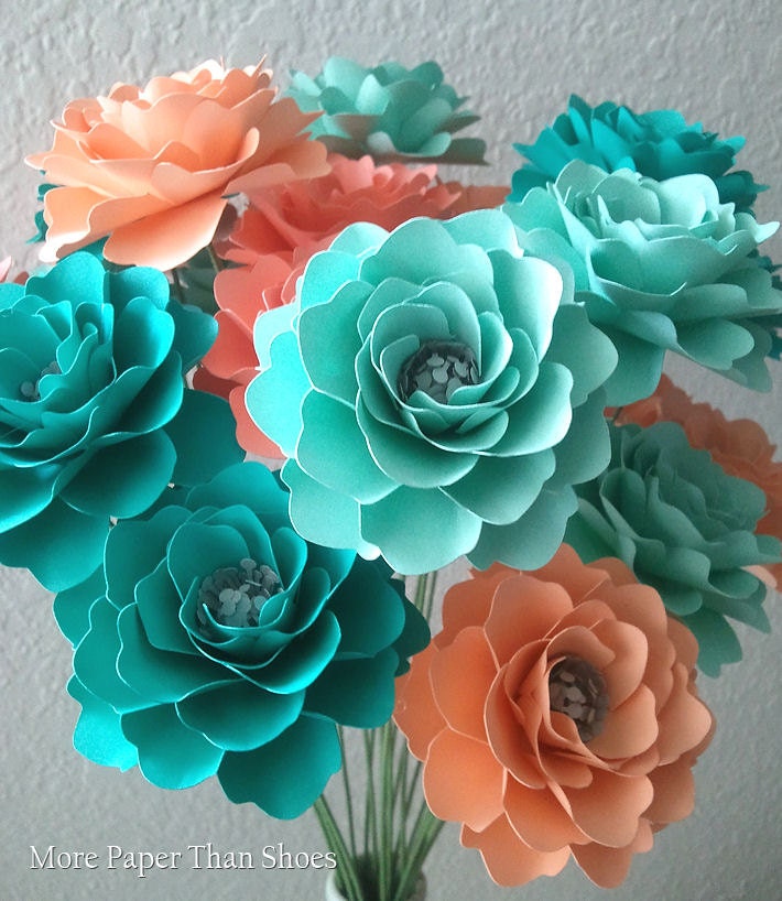 Paper Flowers - Handmade - Stemmed - Salmon - Peach - Sea Foam - Aquamarine - Set of 24 - Made To Order Il_170x135
