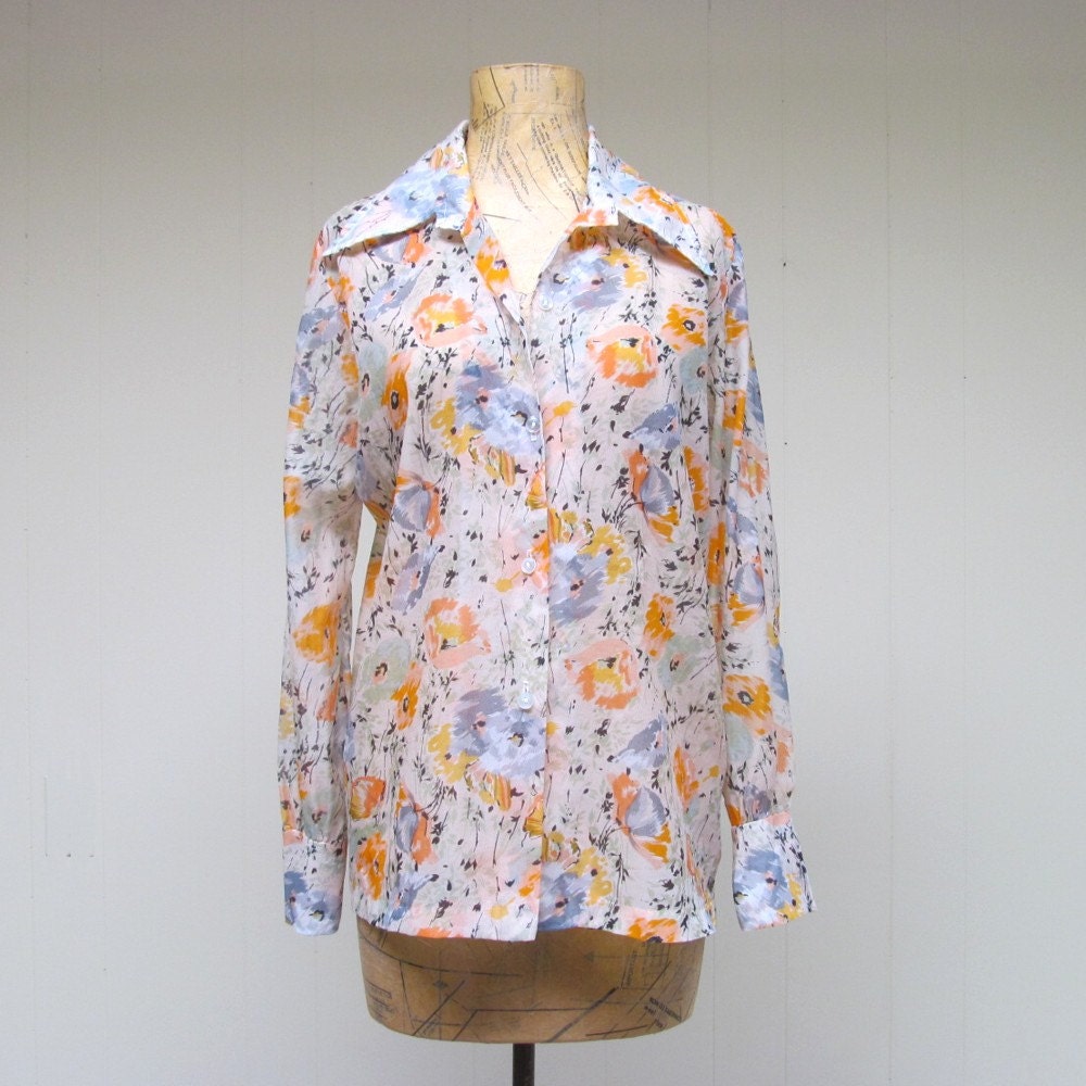 Vintage 1960s Blouse / 60s Sheer Floral Blouse / Medium