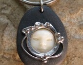 Stone & Carved Bone Double Face Reversible Pendant