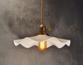 Vintage Industrial Hanging Light - Machine Age Minimalist Bare Bulb Pendant Lamp, Ruffle Opal Shade