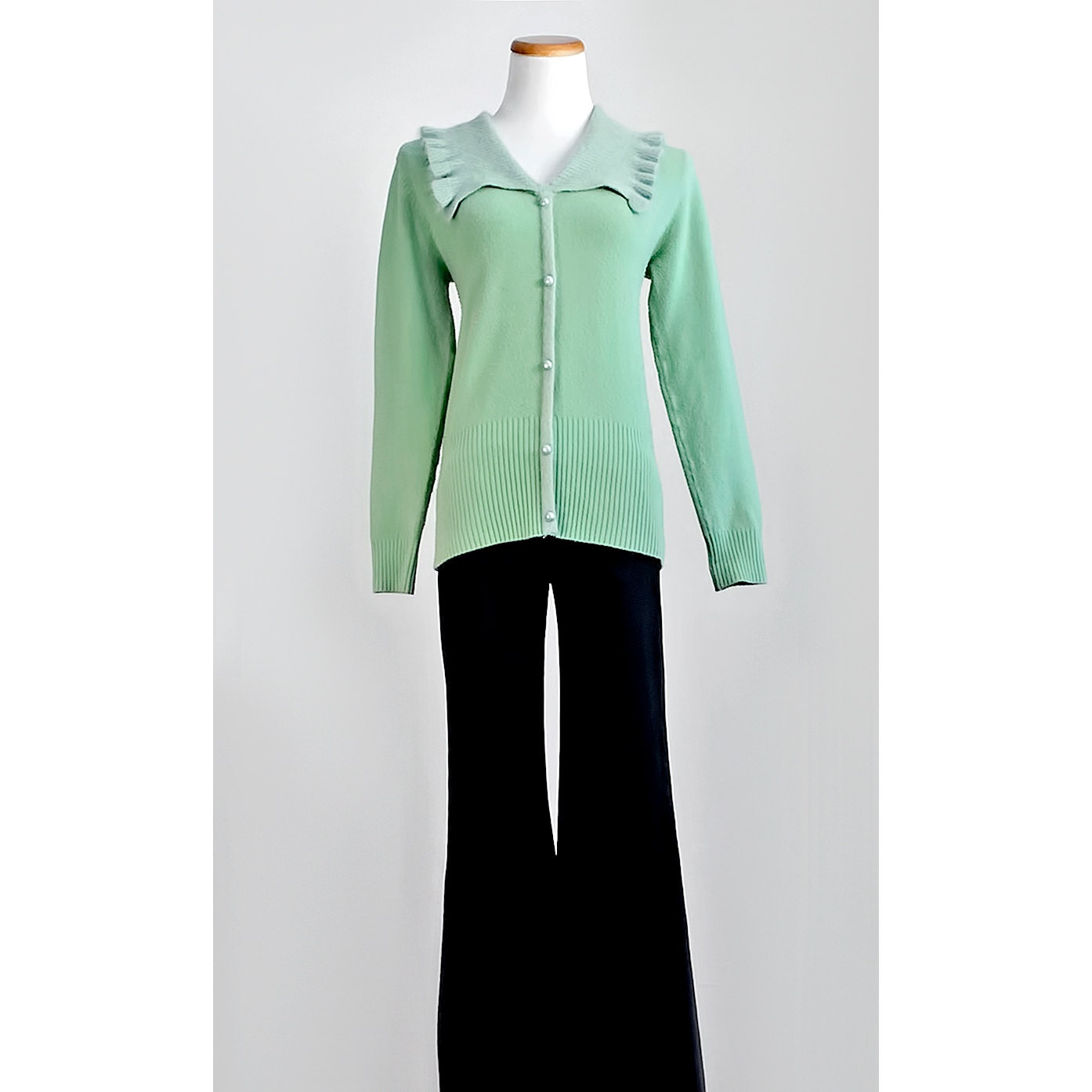 1960s Sweater / 60s Sea Green Ruffled Sweater / Medium to Large