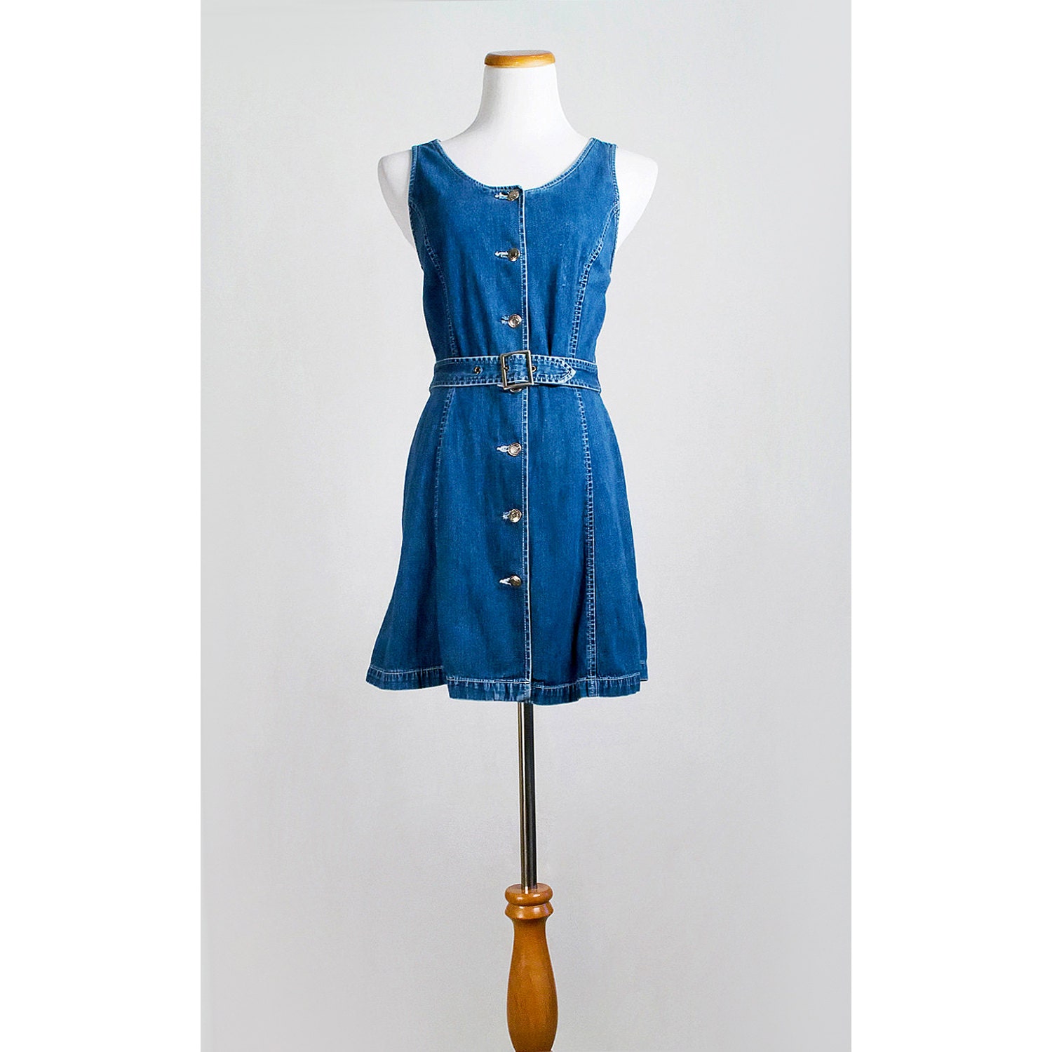 Vintage 80s Blue Jean Dress / 1980s Gap Button Down Mini Jumper with Belt / 15 PERCENT OFF SALE