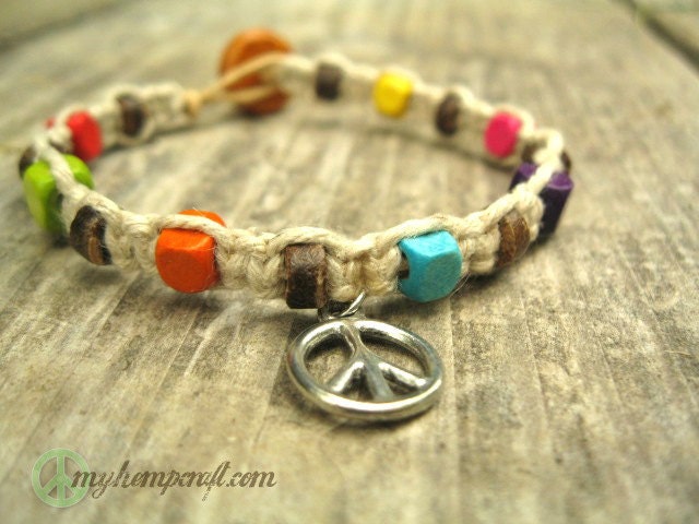 Hemp Bracelet, Peace Sign Charm, Coconut and Wooden Beads