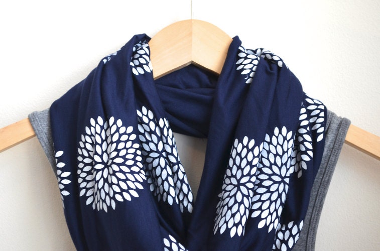 INFINITY SCARF - Screen Printed - White Flowers on Navy Blue