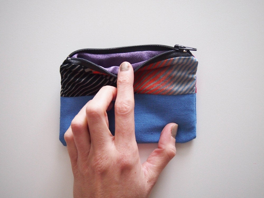 SALE coin holder Mini wallet Two-tone zipper pouch Amparo blue canvas and multicoloured geometric cotton