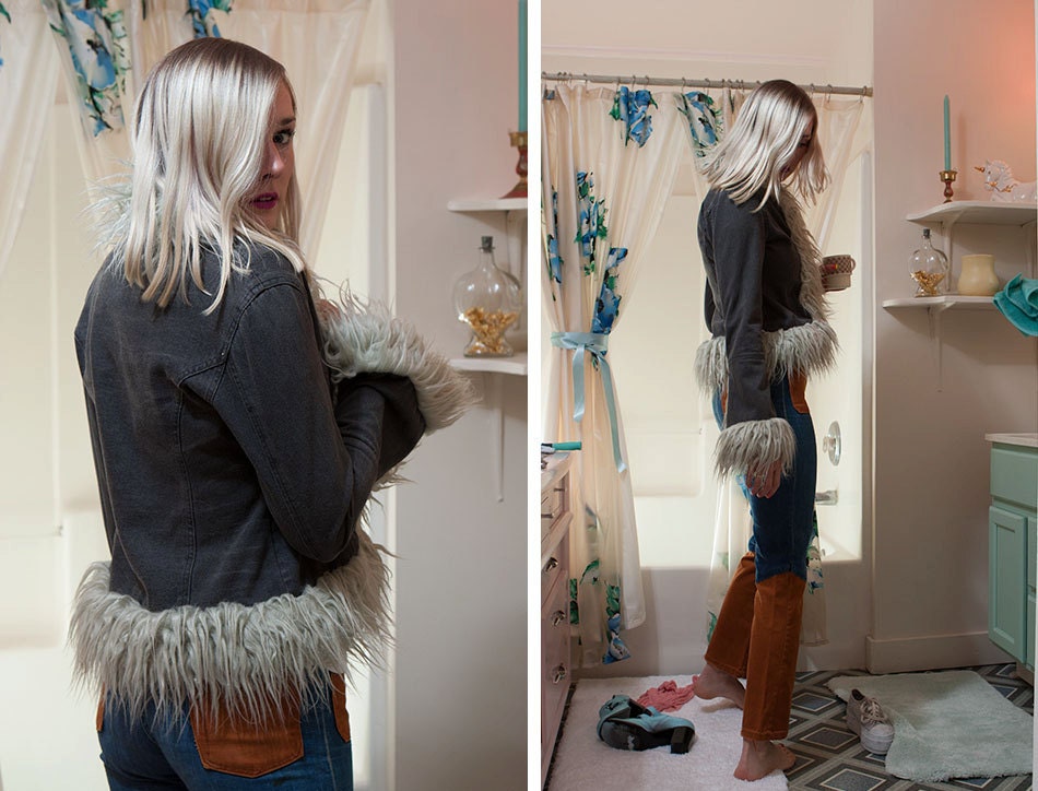 vintage 90's shag slate grey faux fur spice girls white trash denim jacket women's vegan