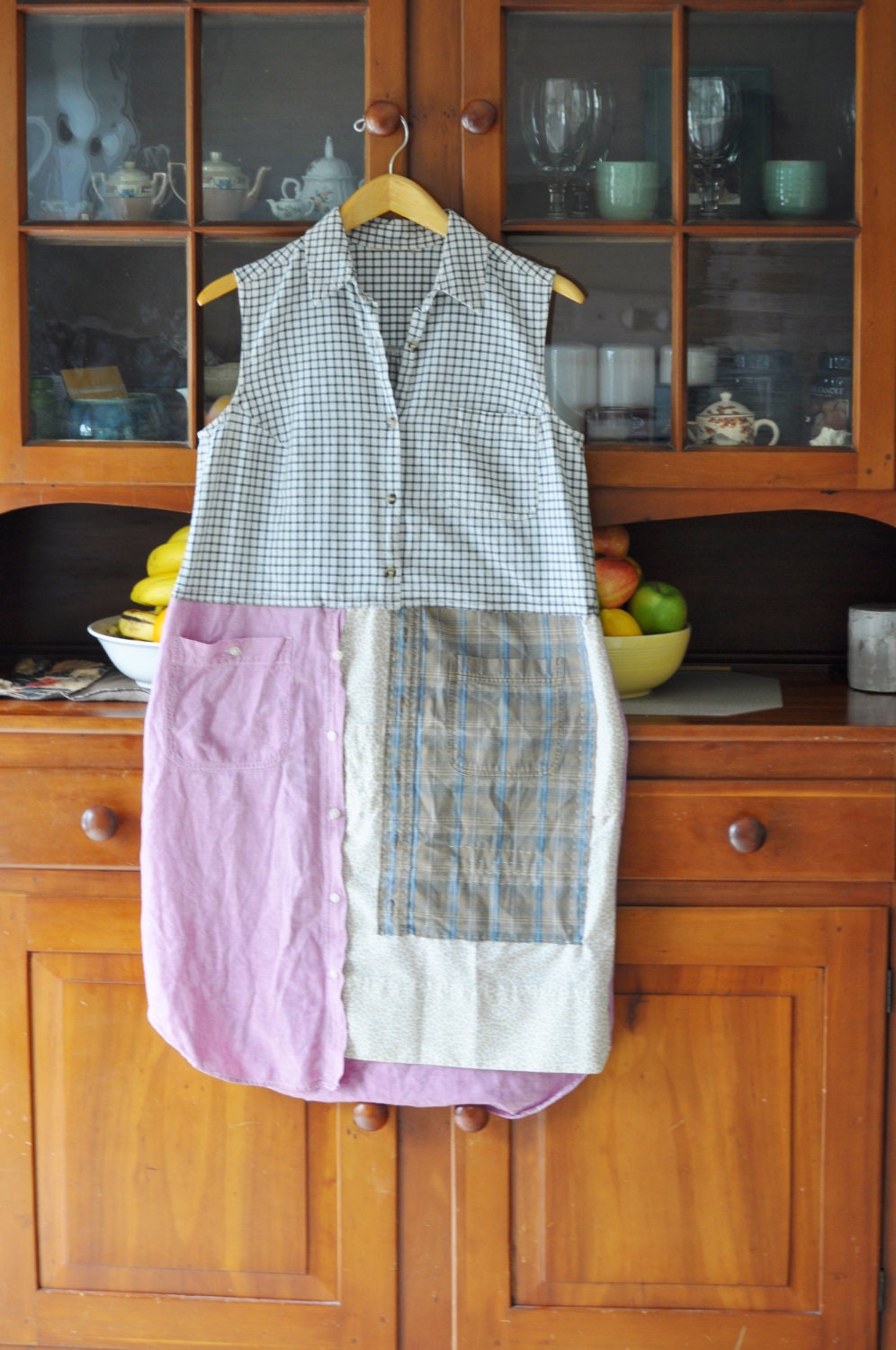 Relaxed Fit Artisan Smock with Boro Styled Stitching/ Plaid Tunic Dress/Sand and Rose Dress/Womens Dress / Pocket Dress/Upcycled