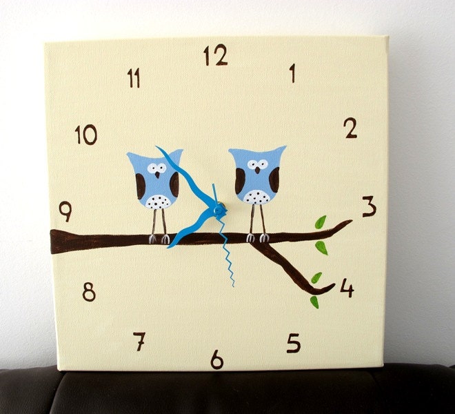 Children's Wall clock- Hand painted on canvas- Two Blue owls on a branch- Cream/ Antique White clock for nursery, kids clock