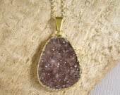 Brown Druzy Necklace Drusy Quartz 14K Gold Fill Cable Chain