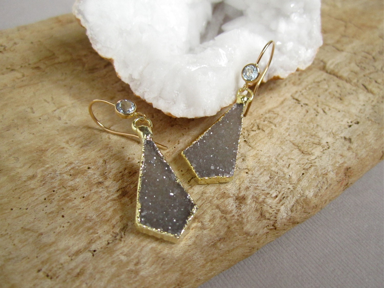 Blue Grey Druzy Drusy Quartz Blue Topaz Drop Earrings 14K Gold Fill