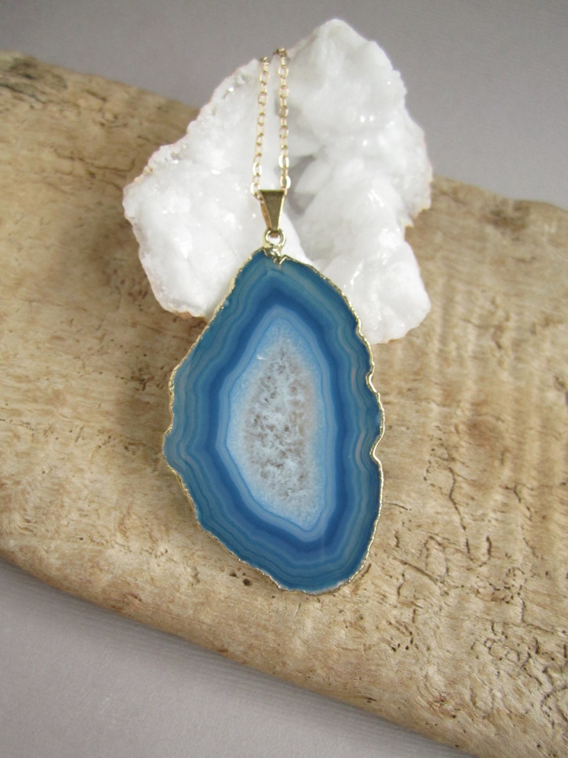 Agate Geode Slice Necklace Druzy Drusy Quartz 14K Gold Fill 32" Long