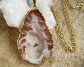 Geode Necklace Agate Slice With Druzy Quartz Center 32" 14K Gold Fill Chain