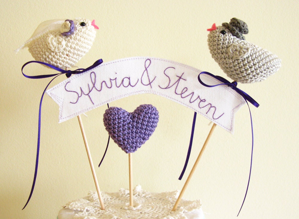 Wedding Cake Topper Love Birds with Purple Personalized Embroidered Names on Linen Banner Bride and Groom Made to Order