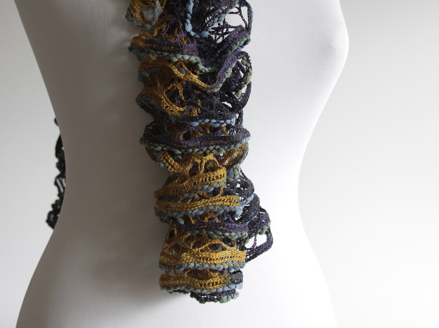 Women Hand Knit Ruffled scarf, multicolor scarf, Trellis Yarn Scarf