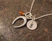 Sterling SIlver Mini Initial Hand Stamped Horseshoe Charm Necklace Horse Shoe