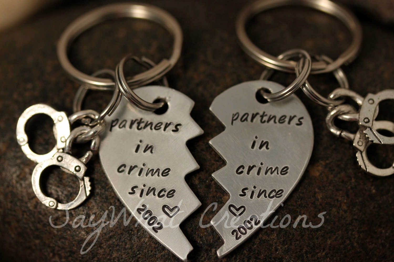 Custom Hand Stamped Best Friends Partners in Crime broken hearts KEY CHAINS Set of Two