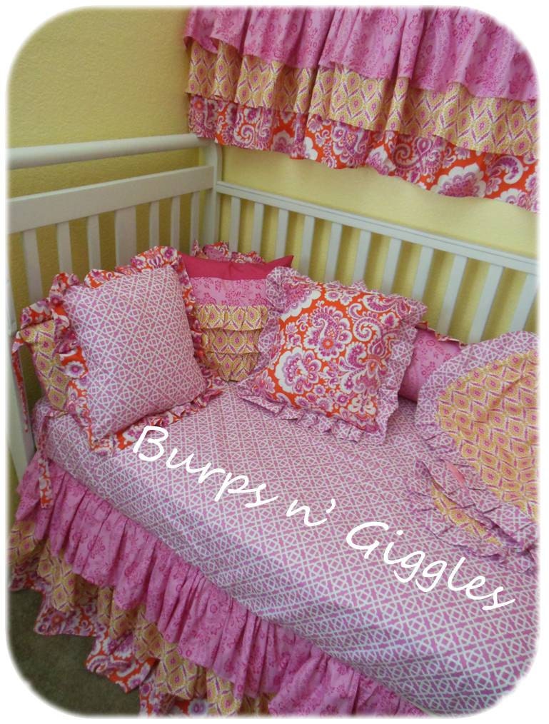 Boutique 3 piece set. Puffy bumper, fitted sheet, 3 tiered skirt. YOU choose prints