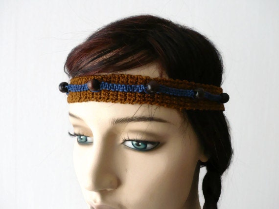 HEADBAND - One Size Fits Most, Stretchy, Cotton Yarn, Elastic,  Hippie, Boho, Crochet,Handmade,Accessory, Fashion, Wood Bead.