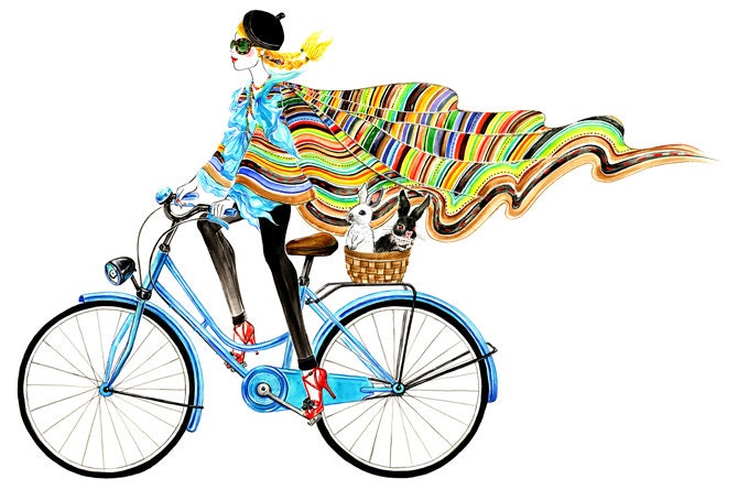 Bike Girl- Watercolor Fashion illustration