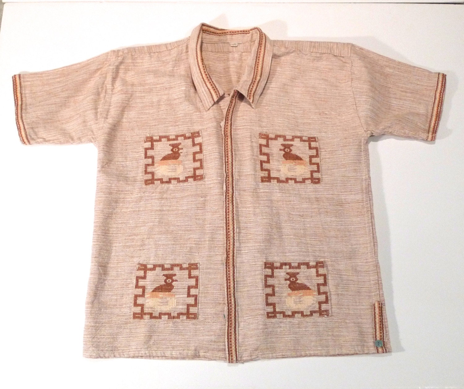 Guatemalan Jacket Embroidered Mayan Shirt Quetzal Bird Hand Woven Medium Large Hippie Boho Unisex Khaki Short Sleeves FREE SHIPPING