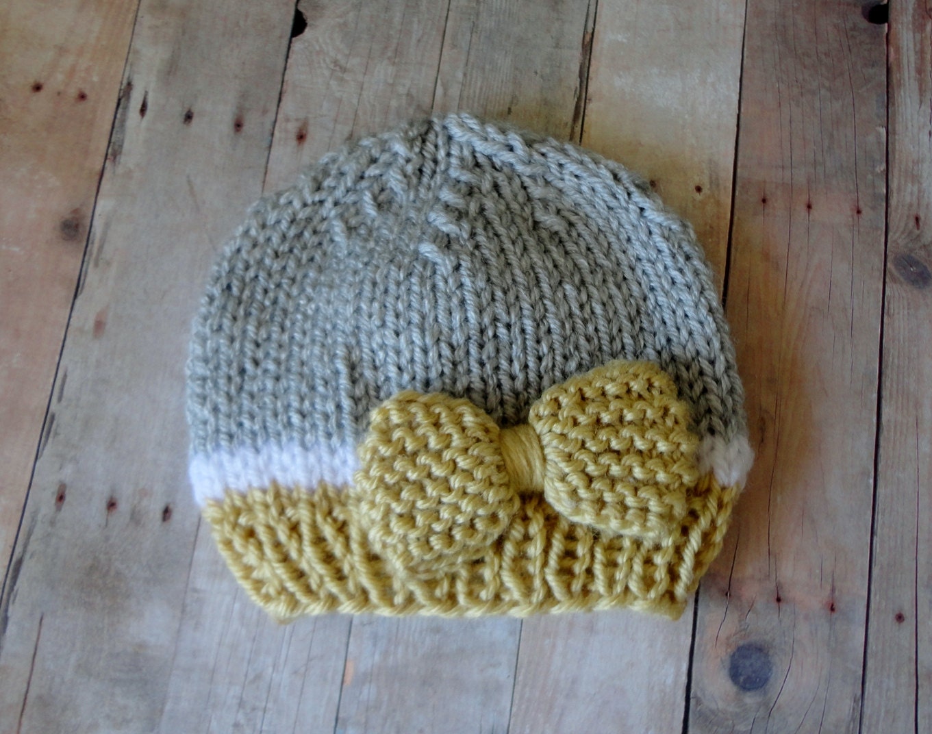 Baby Hat Newborn Beanie in Grey, Light Mustard Yellow, and White with a Knitted Yellow Bow Shabby Chic Baby Photo Prop