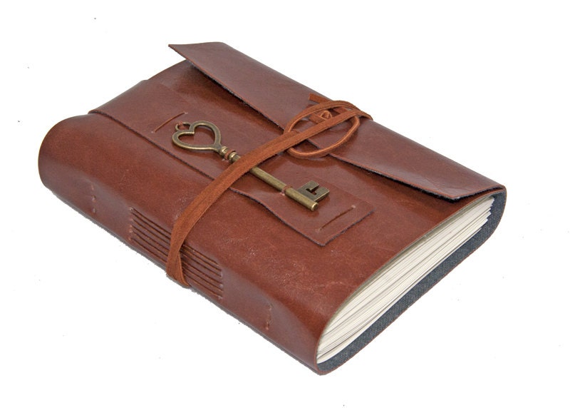 Light Brown Vegan Faux Leather Journal with Heart Key Charm Bookmark