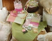 Tea Cake - Tidbits and Samplings. No.7. in Light Olive Green and Pinks. Inspiration kit. Embellishment kit. OOAK