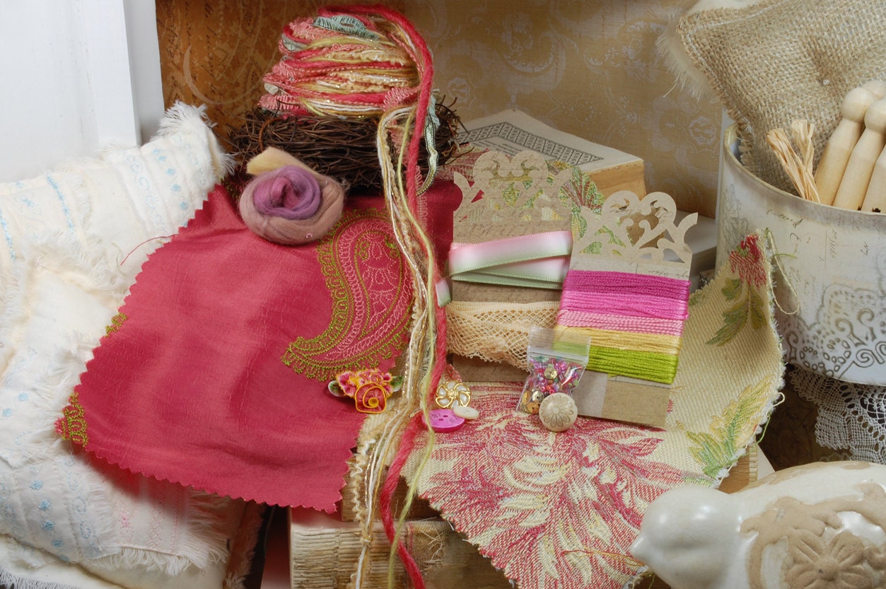Tea Cake - Tidbits and Samplings. No.15. Pale yellow almost cream, rose with hints of sage green. Inspiration kit. Embellishment kit. OOAK