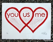 Heart Venn Diagram Love linocut print poster