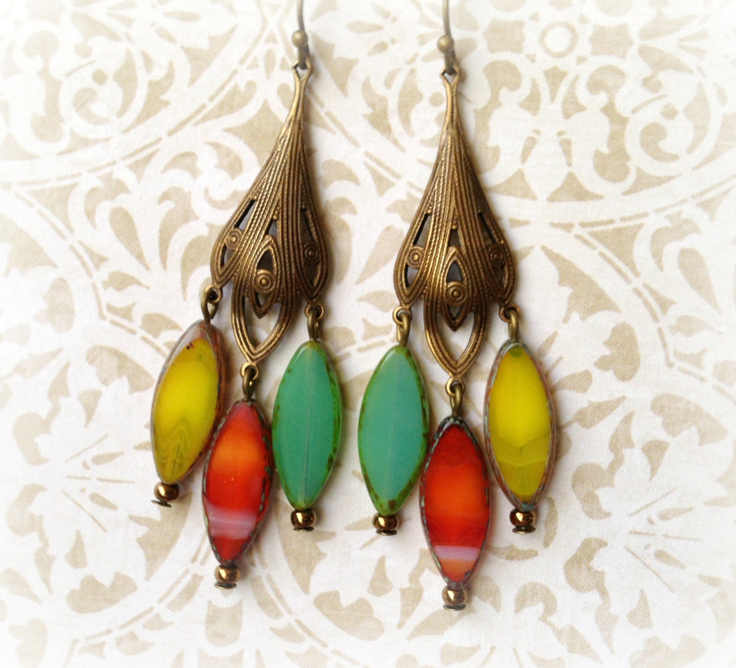 Harlequin Earrings - Brass - Jade - Orange - Yellow - Bohemian - Boho
