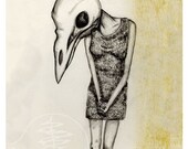 Bird Skull - Sketch - Horror  - 8x10 Print - Black And White - Girl - Bird