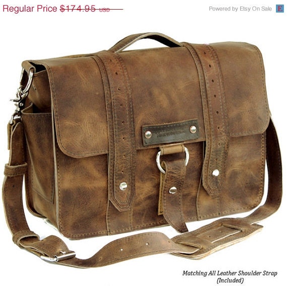 SALE 15" Leather Laptop Bag New: Custom Distressed Tan Color- Voyager Style - Handmade in the U.S.A. -
