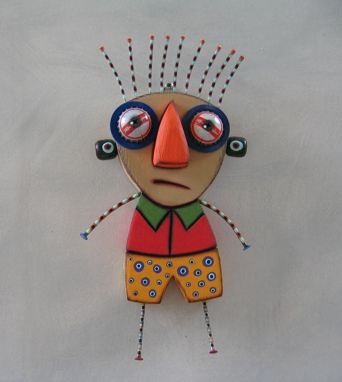 The Tourist, Original Found Object Sculpture, Wood Carving, Wall Art, by Fig Jam Studio