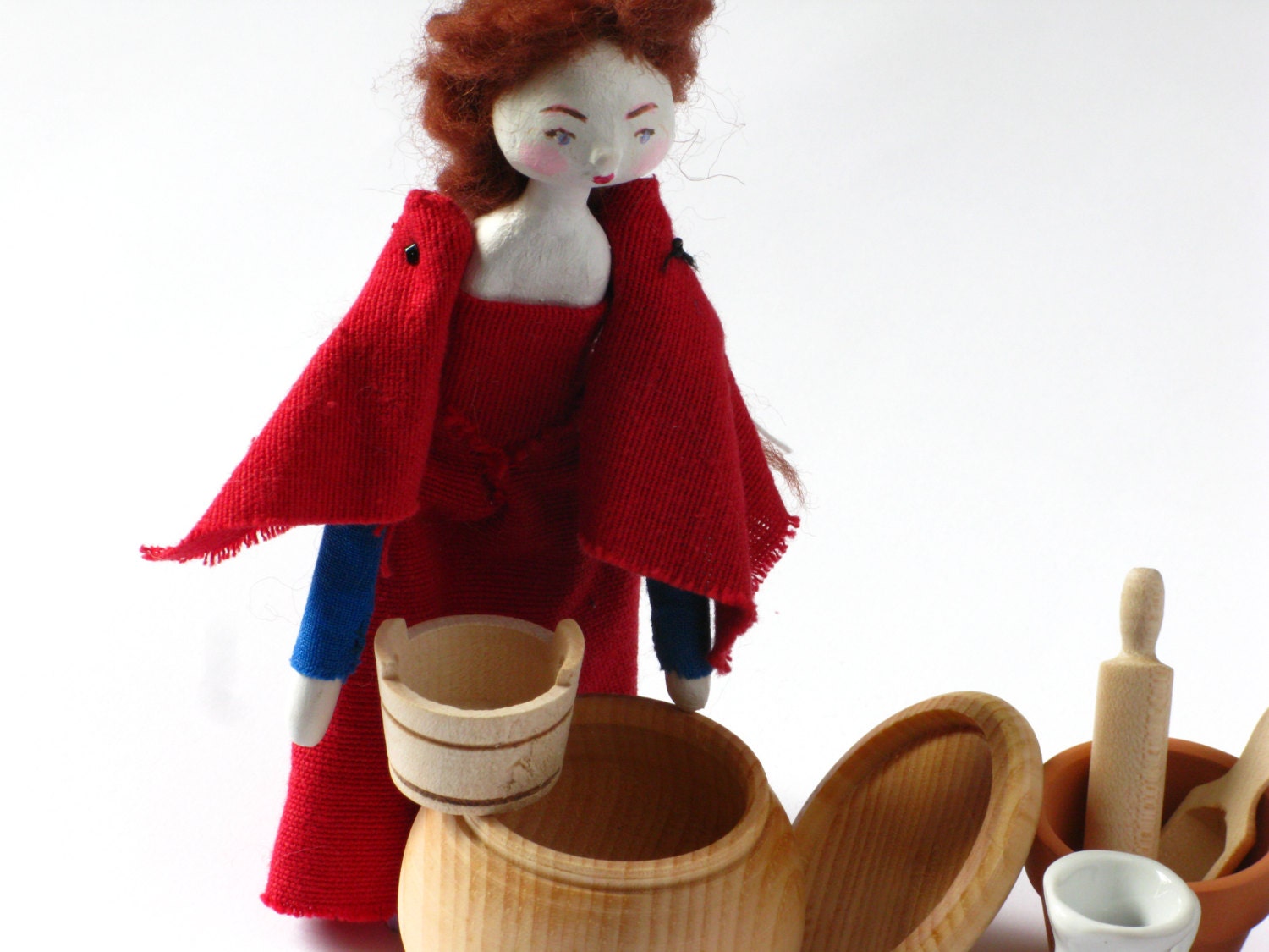 Art Doll - Marion the red sleeved lady - Contemporary Handmade Paper Clay Doll - One Of A Kind