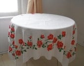 vintage cotton table cloth shabby chic roses print table floral linen red floral cottage decor cottage country red roses mid century