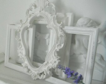 shabby chic OOAK picture frames white distressed french country OPEN photo display set rustic home nursery decor
