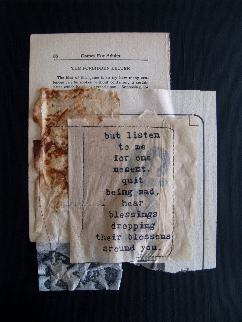 mixed media collage with inspirational quote. sewn collage. blessings.