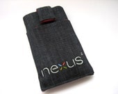 Nexus 4 sleeve case pouch handmade with magnetic closure, dark blue jeans, red with a pocket, Nexus 4 logo